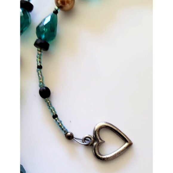 Handcrafted Beaded Necklace With Teal Glass Beads Gold Accents & Panther Charm - Picture 3 of 6